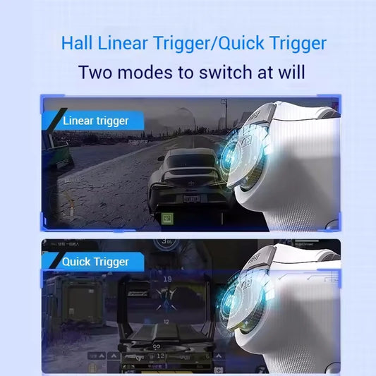 Two modes of a Hall Linear Trigger/Quick Trigger device with car and robot graphics on a blue background.