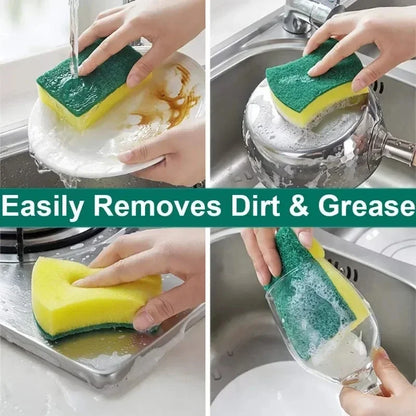 Green and yellow sponge being used to clean a plate, pan, and glass in a sink with text 'Easily Removes Dirt & Grease'.